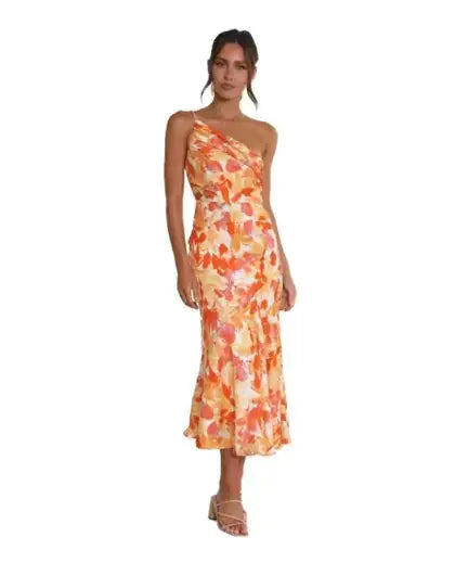 Elegant Floral One-Shoulder Midi Dress GLR SHOPPING