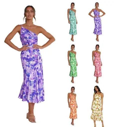 Elegant Floral One-Shoulder Midi Dress GLR SHOPPING