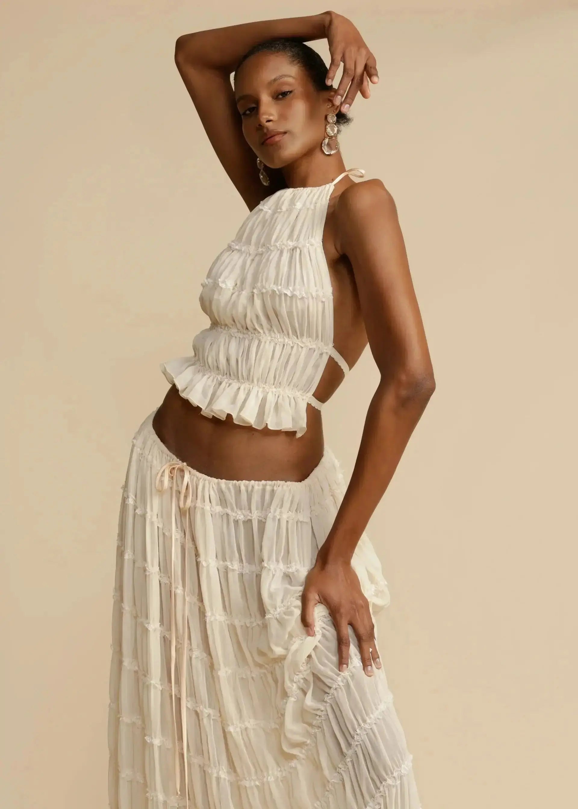 Summer Backless Ruched White Dress Set GLR SHOPPING