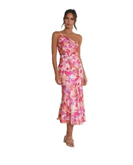 Elegant Floral One-Shoulder Midi Dress GLR SHOPPING