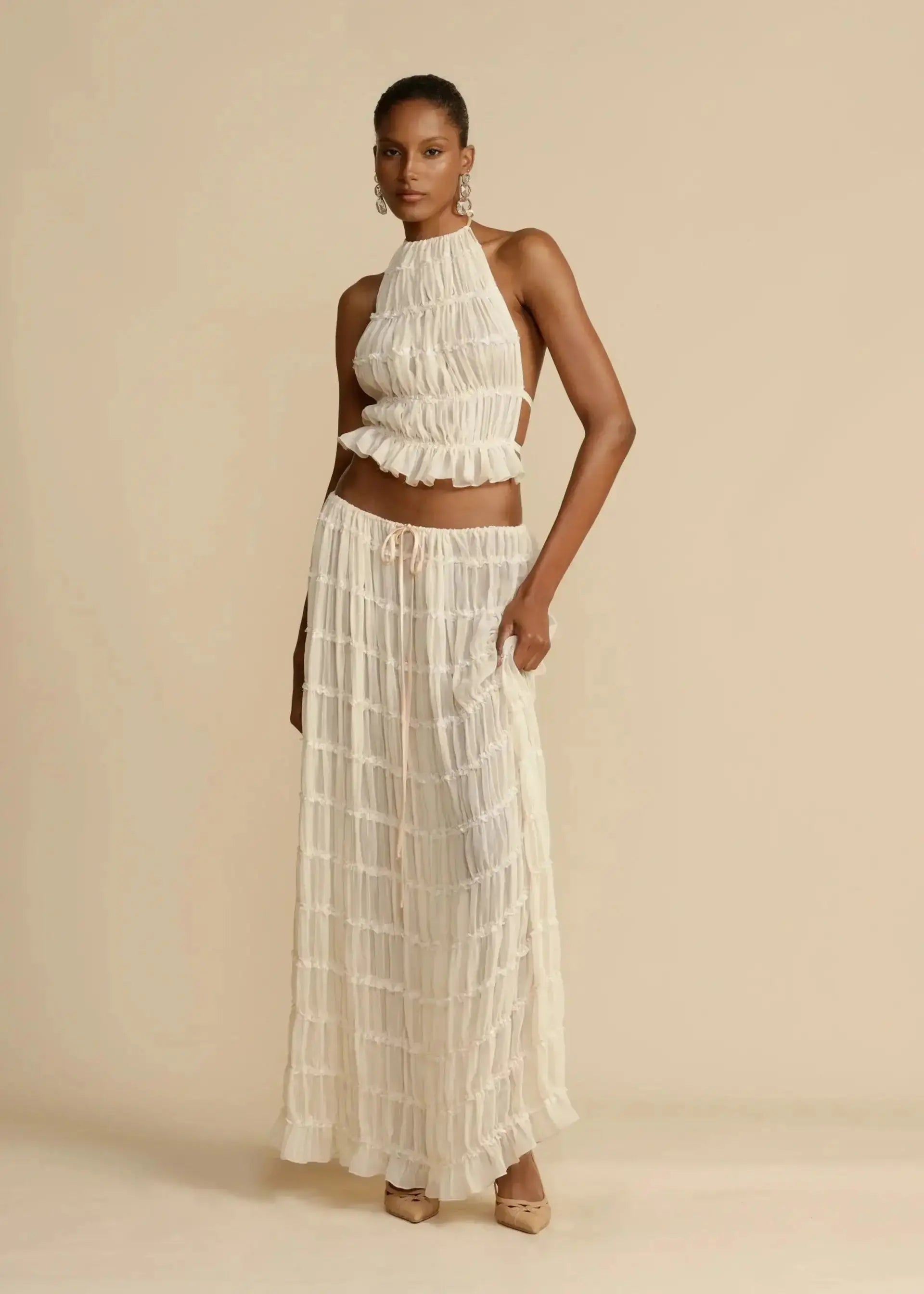 Summer Backless Ruched White Dress Set GLR SHOPPING
