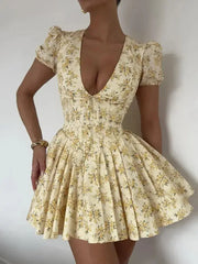 Vintage Lace Up Bandage V-Neck Mini Pleated Dress GLR SHOPPING