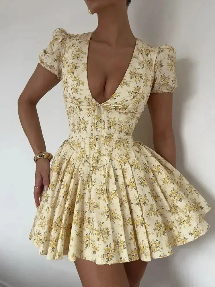 Vintage Lace Up Bandage V-Neck Mini Pleated Dress GLR SHOPPING