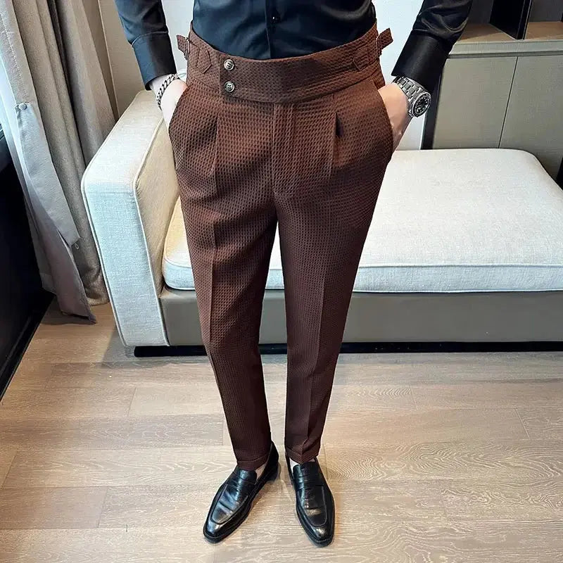 Autumn Winter Pantalones Hombre High Waist Waffle Business Casual Suit Pants for Men GLR SHOPPING