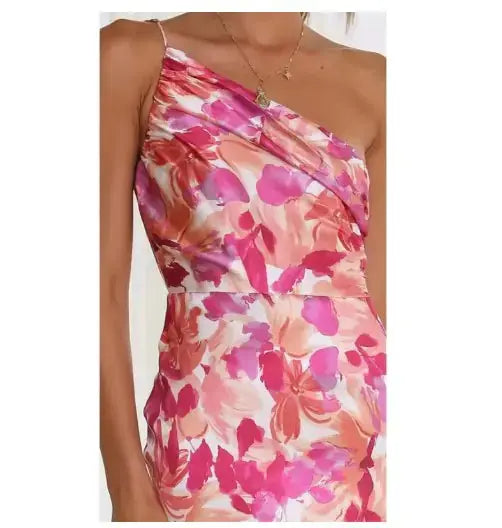 Elegant Floral One-Shoulder Midi Dress GLR SHOPPING