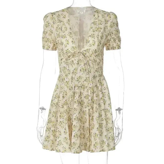 Vintage Lace Up Bandage V-Neck Mini Pleated Dress GLR SHOPPING