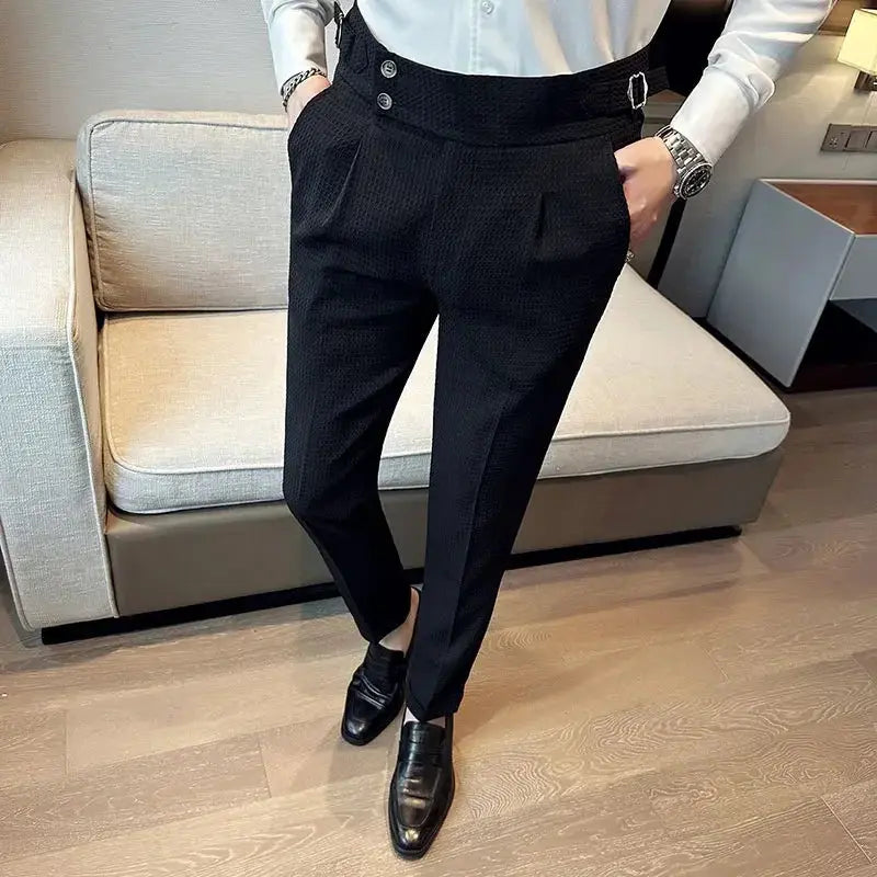 Autumn Winter Pantalones Hombre High Waist Waffle Business Casual Suit Pants for Men GLR SHOPPING