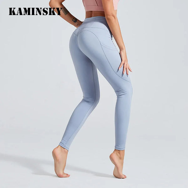 Kaminsky Soild Patchwork Leggings Women Sexy Peach Hart Sports Leggings Pocket Fitness Feminina Fitness High Quality Nylon Pants