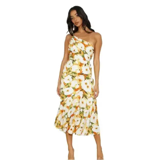 Elegant Floral One-Shoulder Midi Dress GLR SHOPPING