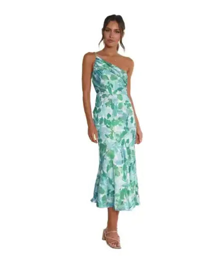 Elegant Floral One-Shoulder Midi Dress GLR SHOPPING