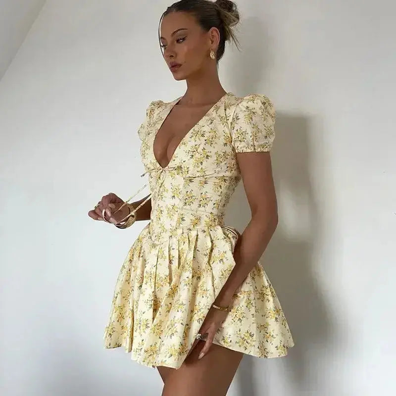 Vintage Lace Up Bandage V-Neck Mini Pleated Dress GLR SHOPPING