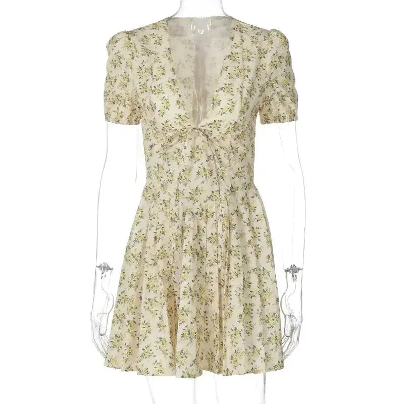 Vintage Lace Up Bandage V-Neck Mini Pleated Dress GLR SHOPPING