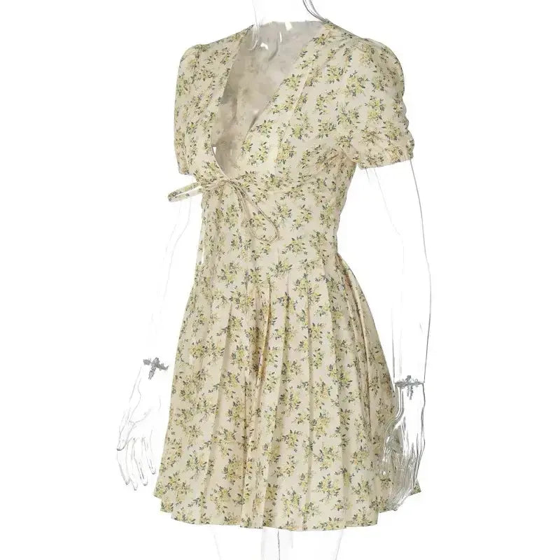 Vintage Lace Up Bandage V-Neck Mini Pleated Dress GLR SHOPPING