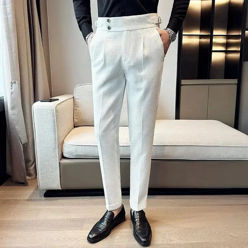 Autumn Winter Pantalones Hombre High Waist Waffle Business Casual Suit Pants for Men GLR SHOPPING