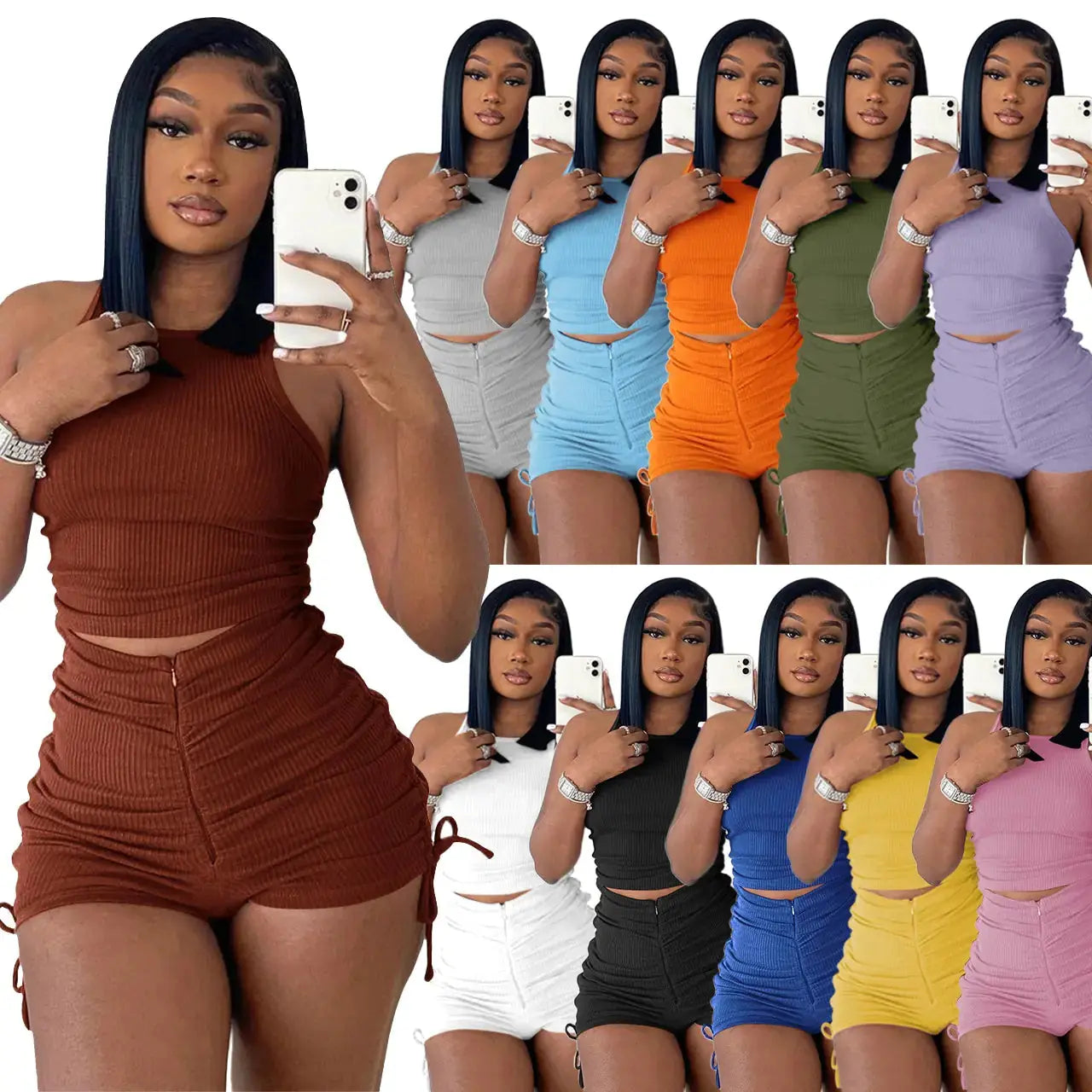Drawstring Zipper Rib Casual Set GLR SHOPPING