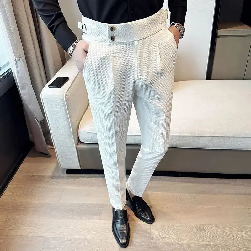 Autumn Winter Pantalones Hombre High Waist Waffle Business Casual Suit Pants for Men GLR SHOPPING