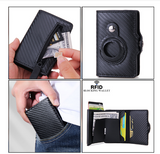 a man holding a wallet and a cell phone