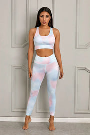 Fashion White Tie-dye Print Sport Bra Pants Set - GLR SHOPPING