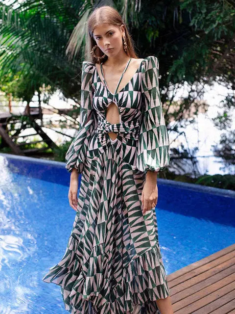 Women's Long Lantern Sleeve Dress - GLR SHOPPING