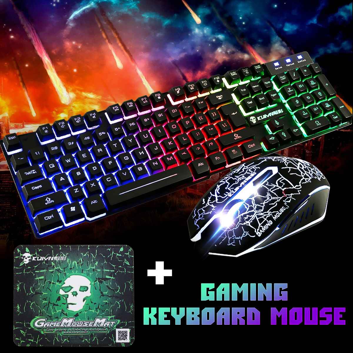LED Rainbow Backlight USB Ergonomic Wired Gaming Keyboard + 2400DPI Mouse + Mouse Pad Set Kit for PC Laptop Computer Gamer - GLR SHOPPING