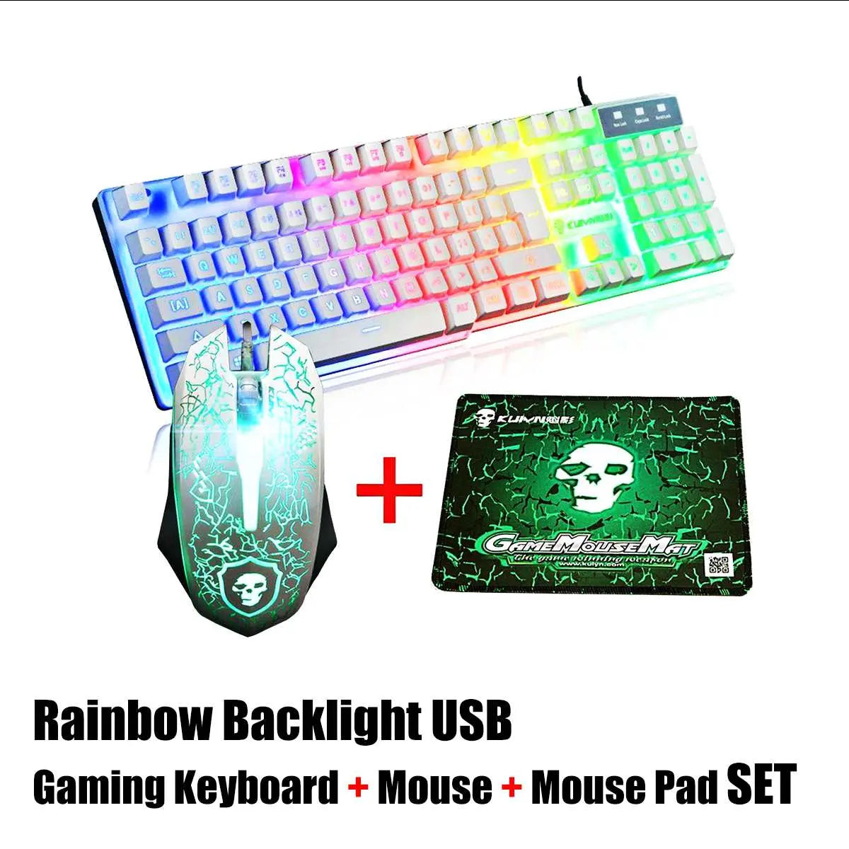 LED Rainbow Backlight USB Ergonomic Wired Gaming Keyboard + 2400DPI Mouse + Mouse Pad Set Kit for PC Laptop Computer Gamer - GLR SHOPPING