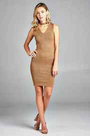 Women's Sleeveless V-Neck Choker Sweater Dress - GLR SHOPPING
