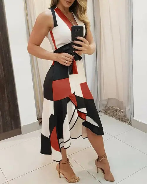 V Neck Sleeveless Contrast Print Ladies Dress - GLR SHOPPING