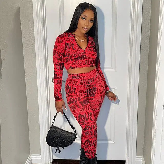 Letter Print Tracksuit Two Piece Set - GLR SHOPPING