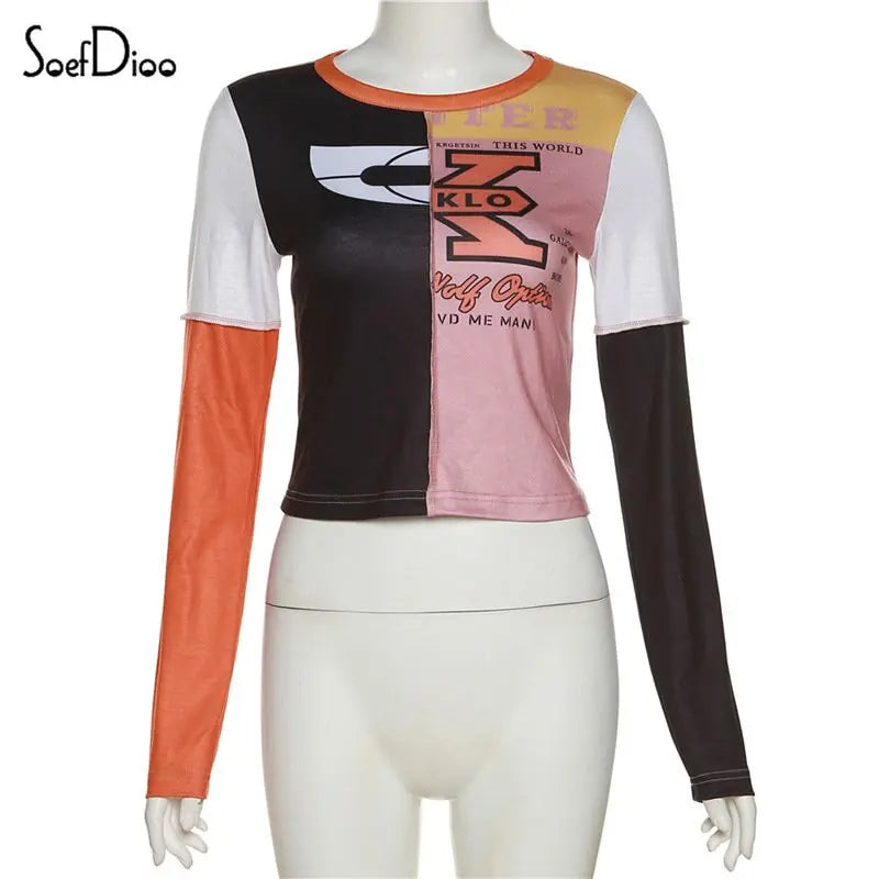 Women's Patchwork Letter Print T-shirt - GLR SHOPPING