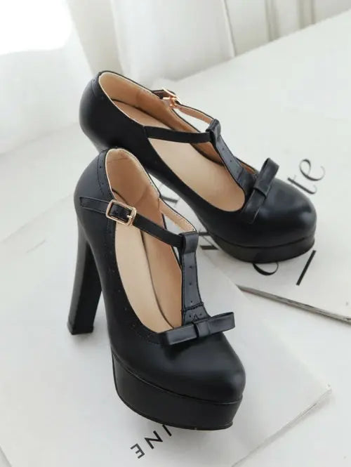 T Strap Bowtie Buckle Platform High Heels - GLR SHOPPING