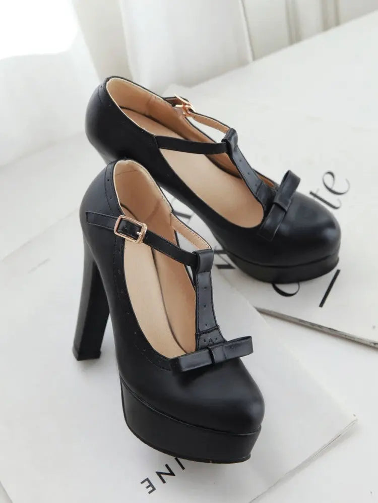 T Strap Bowtie Buckle Platform High Heels - GLR SHOPPING