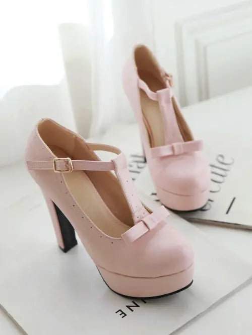 T Strap Bowtie Buckle Platform High Heels - GLR SHOPPING
