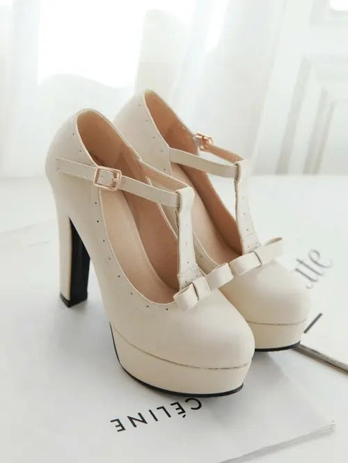 T Strap Bowtie Buckle Platform High Heels - GLR SHOPPING