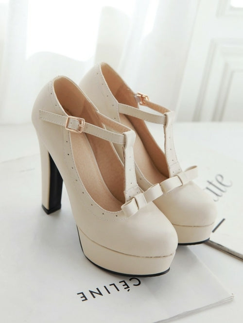 T Strap Bowtie Buckle Platform High Heels