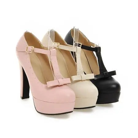 T Strap Bowtie Buckle Platform High Heels - GLR SHOPPING