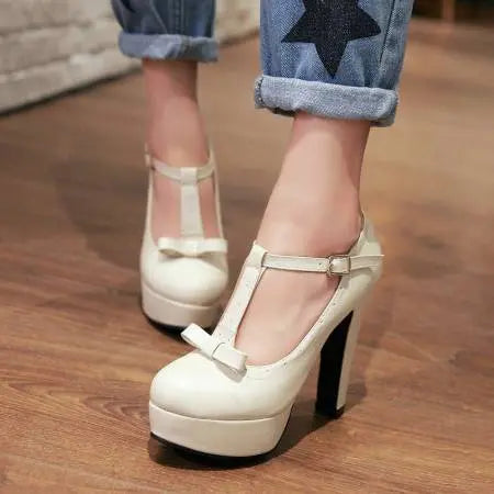 T Strap Bowtie Buckle Platform High Heels - GLR SHOPPING