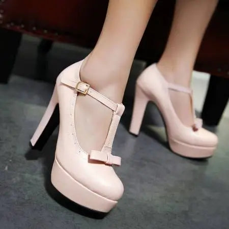 T Strap Bowtie Buckle Platform High Heels - GLR SHOPPING