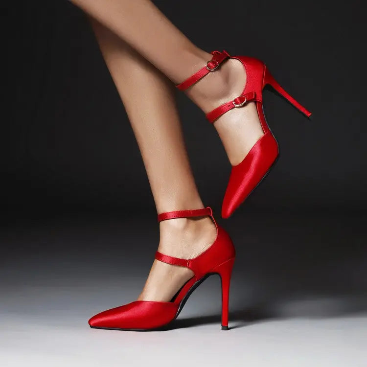 Pointed Toe Buckle Strap Thin High Heels Solid Women Fashion Pumps - GLR SHOPPING