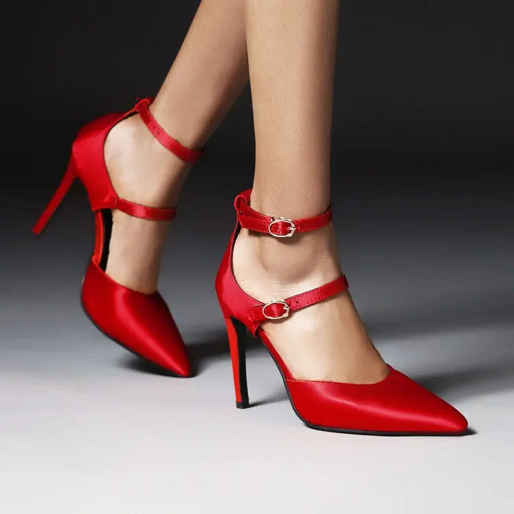 Pointed Toe Buckle Strap Thin High Heels Solid Women Fashion Pumps - GLR SHOPPING