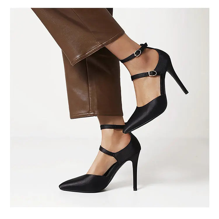 Pointed Toe Buckle Strap Thin High Heels Solid Women Fashion Pumps - GLR SHOPPING