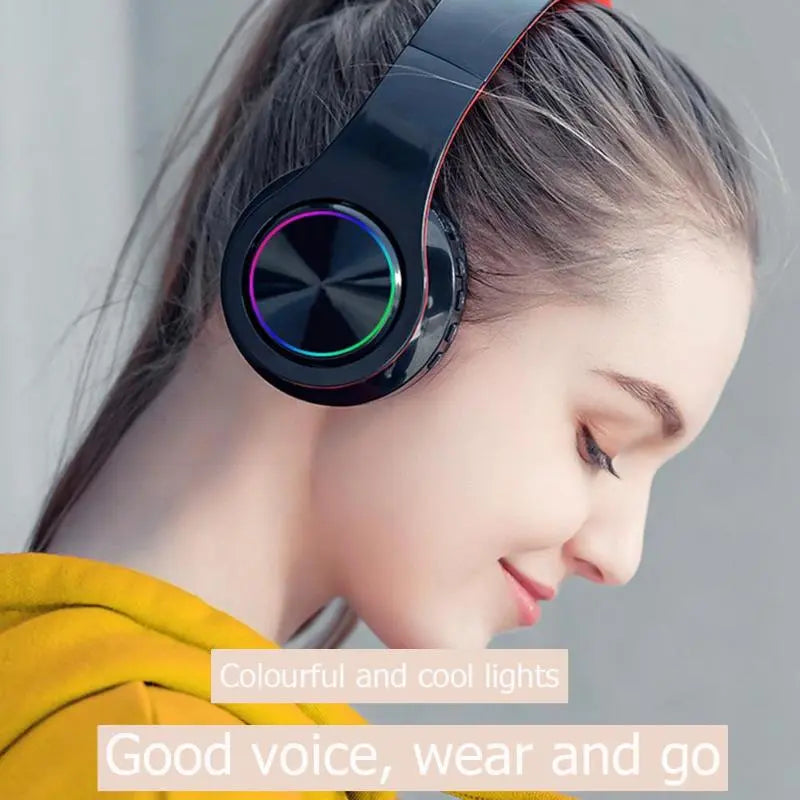 Wireless Bluetooth headphones luminous deep bass stereo sports headphones with microphone card slot Rainbow LED fashion headphones - GLR SHOPPING