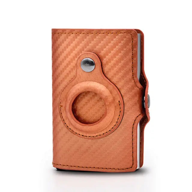 a brown leather camera case on a white background
