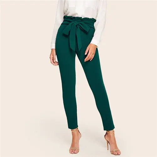 Elegant Frill Trim Bow Belted Detail Solid High Waist Pants - GLR SHOPPING