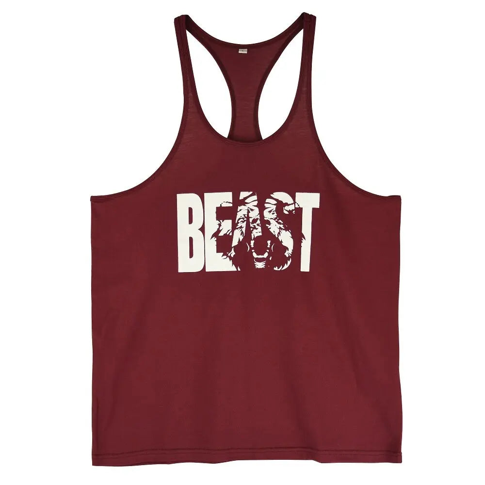 Men's Gym Workout Printed "BEAST" Tank Tops  Y Back Fitness Thin Shoulder Strap Muscle Fit Stringer Bodybuilding Extreme Tee - GLR SHOPPING