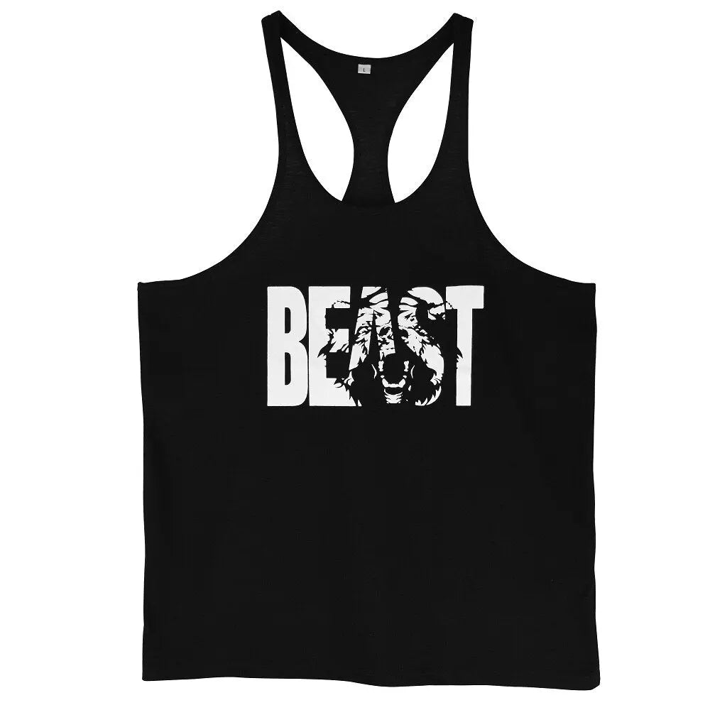 Men's Gym Workout Printed "BEAST" Tank Tops  Y Back Fitness Thin Shoulder Strap Muscle Fit Stringer Bodybuilding Extreme Tee - GLR SHOPPING