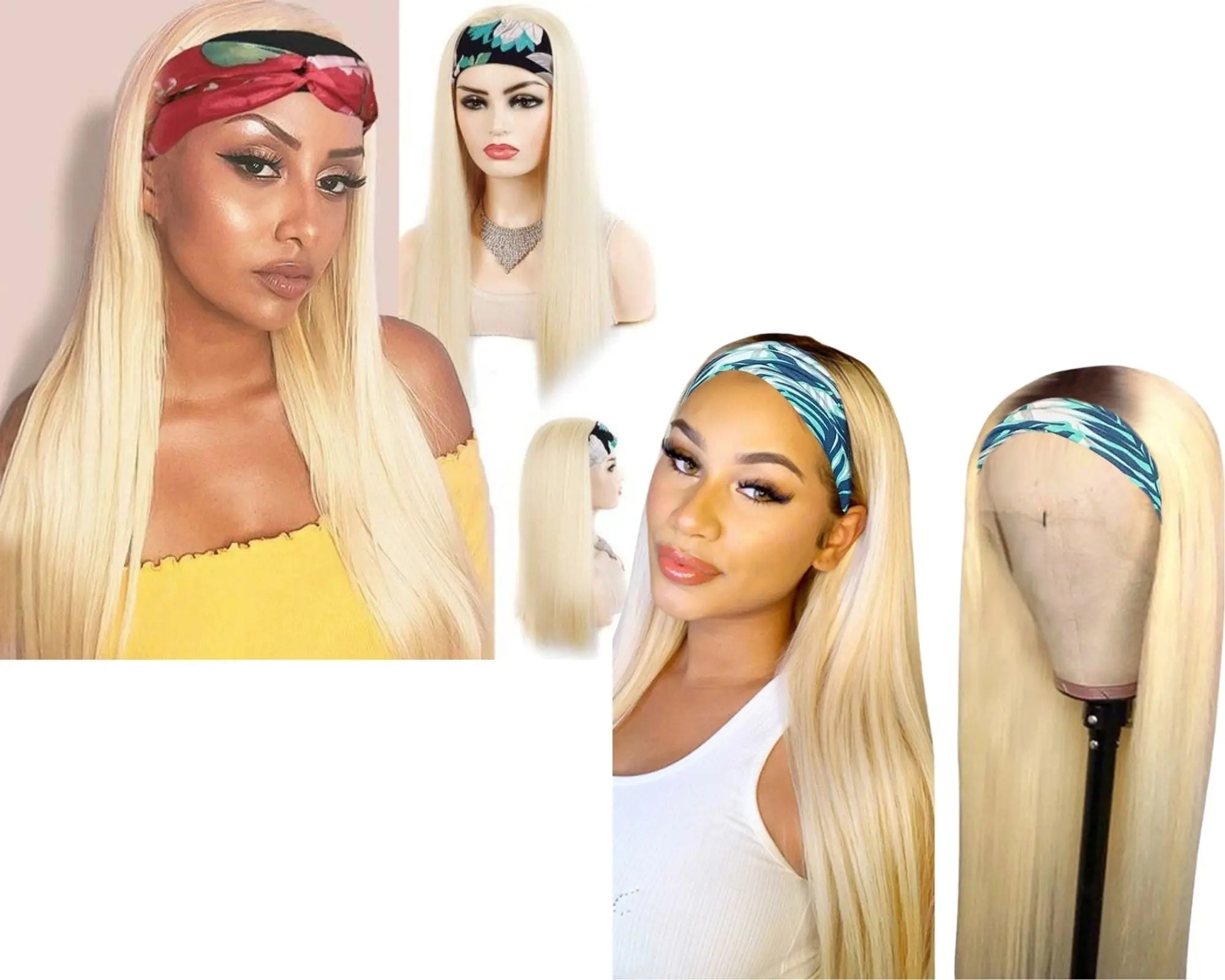 Straight 1B/613 Headband Human Hair Wigs For Black Women Blonde Scarf - GLR SHOPPING