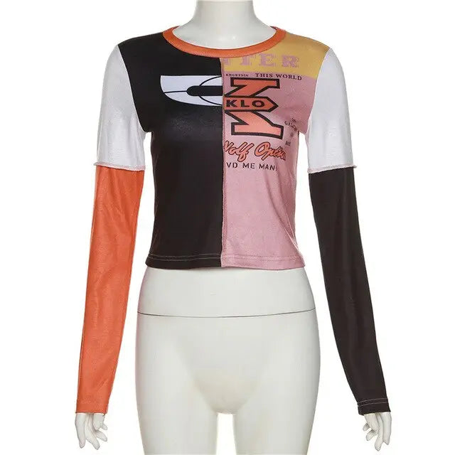 Women's Patchwork Letter Print T-shirt - GLR SHOPPING