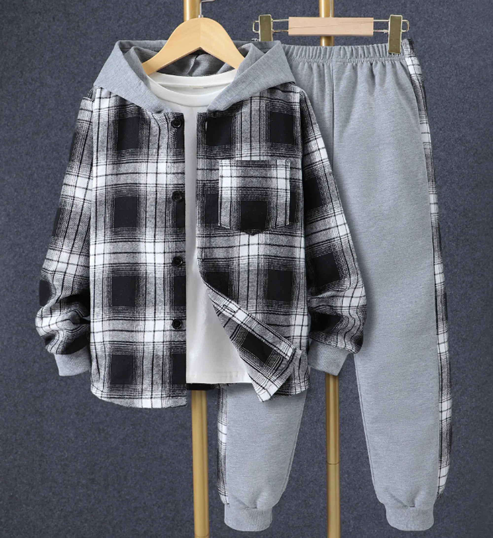 Toddler Kids Baby Boys 2Pcs Spring Autumn Outfits, Long Sleeve Plaid Print Hooded Shirt Jacket and Pants Set 1-5T - GLR SHOPPING