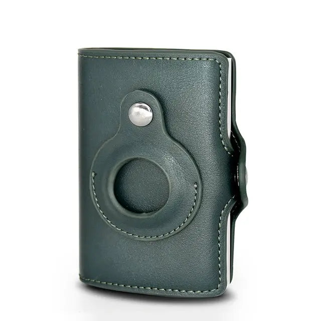 a green leather flask with a button on it