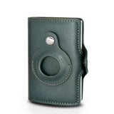 a green leather flask with a button on it
